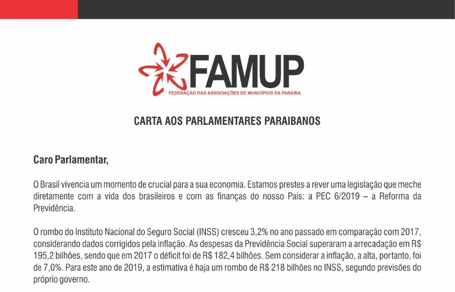 Famup envia carta aos parlamentares pedindo inclusão dos municípios na Reforma