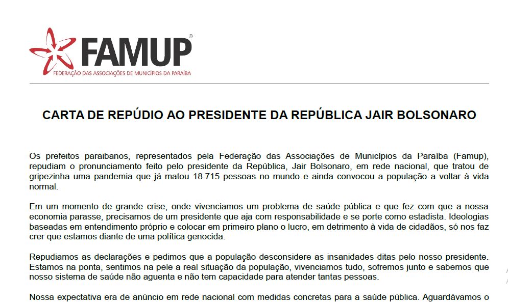 Prefeitos emitem carta de repúdio e classificam como irresponsável pronunciamento do presidente da República