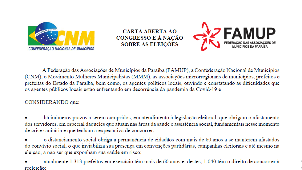 Famup, CNM e associações divulgam carta em defesa da unificação das eleições em decorrência da pandemia da Covid-19