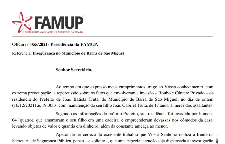 Famup pede a secretário de Segurança apuração do crime praticado contra prefeito de Barra de São Miguel