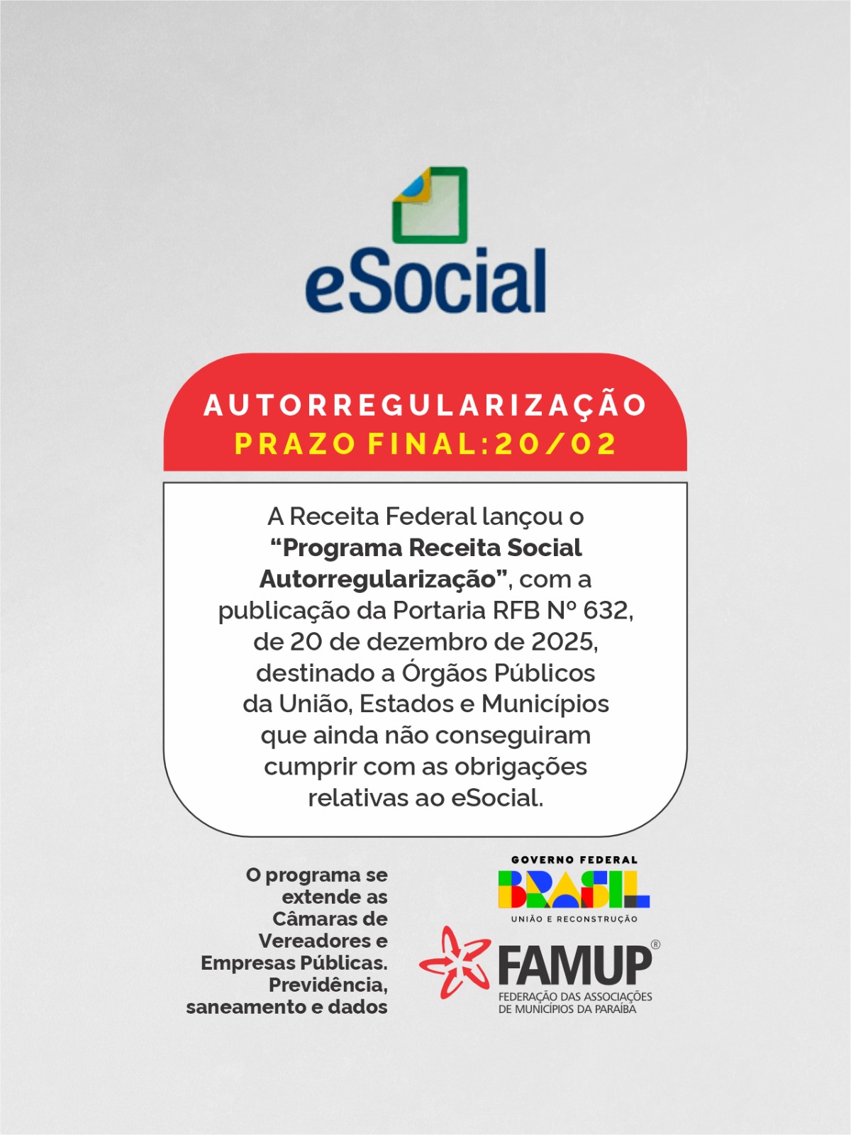 Famup orienta municípios a aderirem ao novo programa da Receita Federal para regularizar eSocial; inscrições vão até dia 20