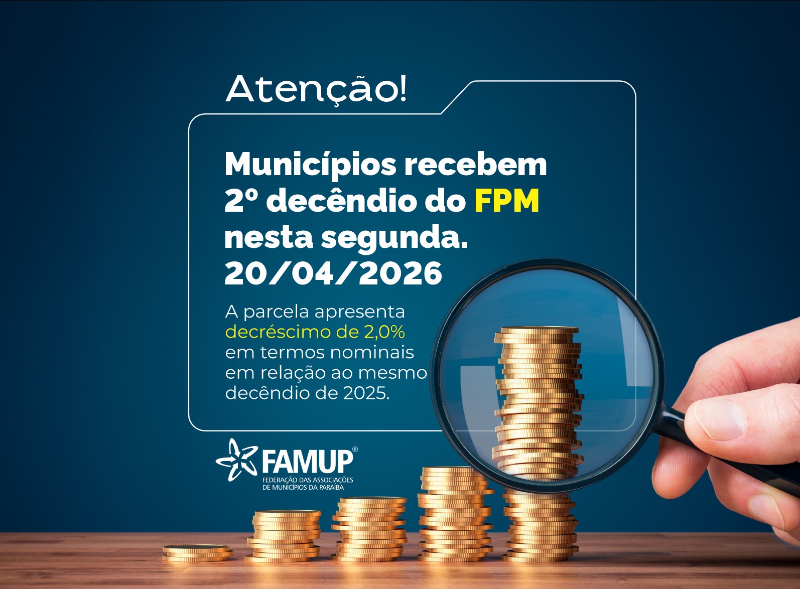 Queda no FPM acende alerta e Famup orienta cautela aos gestores municipais
